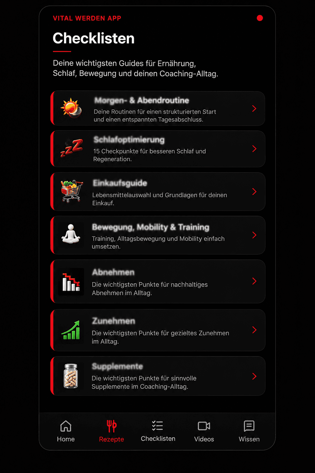 Vorschau der Checklisten in der Vital Werden App